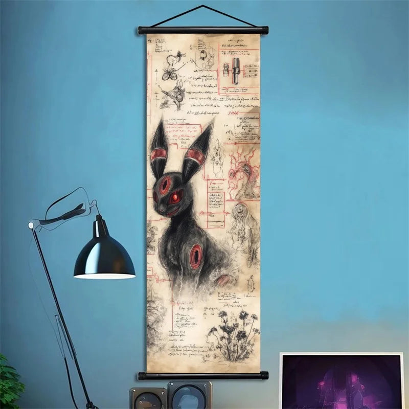Pokemon Retro Charizard Bulbasaur Umbreon Gengar Scroll Art Cloth Anime Characters Wall Hanging Poster Halloween Xmas Decor