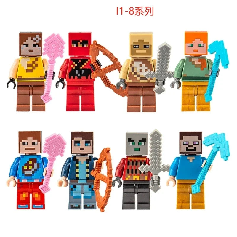 Minecrafte Blocks DIY Mini Figures Toys Set 8pcs With Weapons Hanger Creeper Action Figure Building Blocks Dolls Children Toys