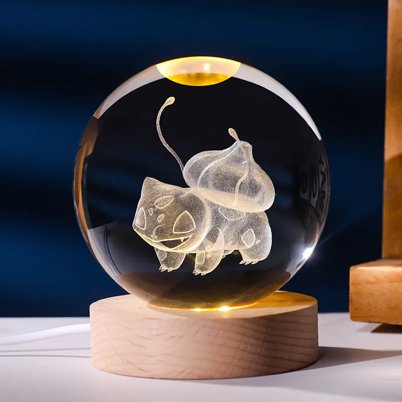 Pokemon 6cm 3D Crystal Ball Gengar Pikachu Rayquaza Planet Night Light Laser Carving Glass Poke Ball Statue Children's Gifts