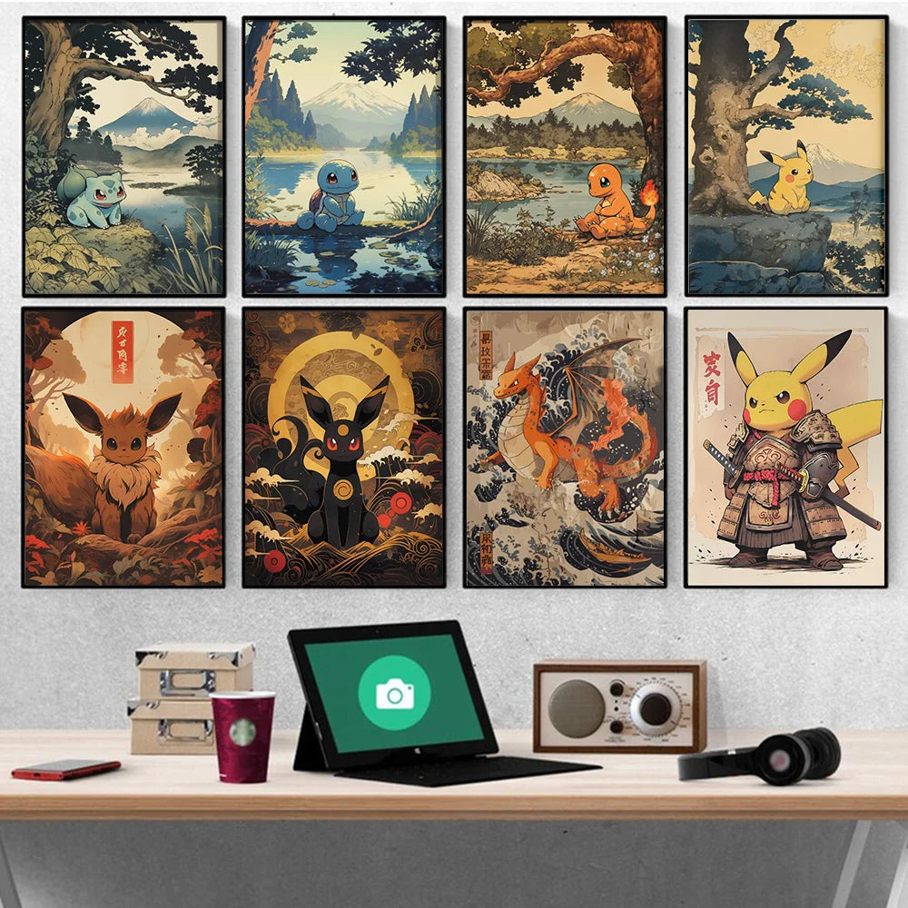 P-Pokemon Japanese Anime Canvas Painting Kawaii Elf Pets HD Poster Retro Bar Noodle Room Living Room Home Mural Decor Kids Gifts