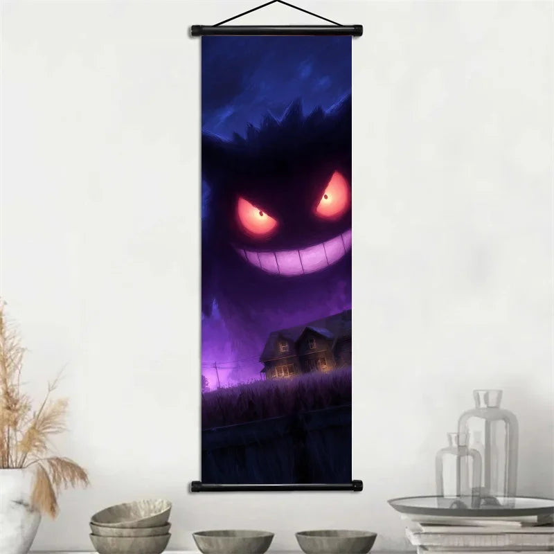 Pokemon Gengar Scroll Art Cloth Anime Characters Wall Hanging Poster Halloween Xmas Decor Fans Collection Home Gifts