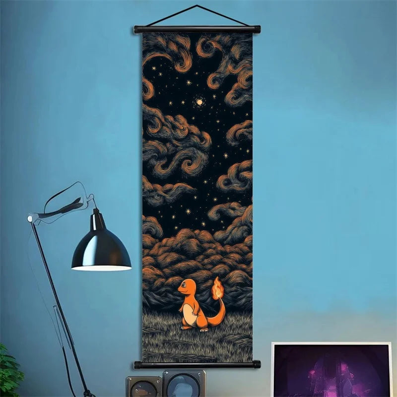 Pokémon Scroll Art Cloth Bulbasaur Pikachu Charmander Starry Night Style Cartoon Wall Hanging Poster Home Collection & Gifts
