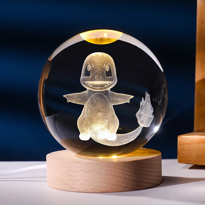 Pokemon 6cm 3D Crystal Ball Gengar Pikachu Rayquaza Planet Night Light Laser Carving Glass Poke Ball Statue Children's Gifts