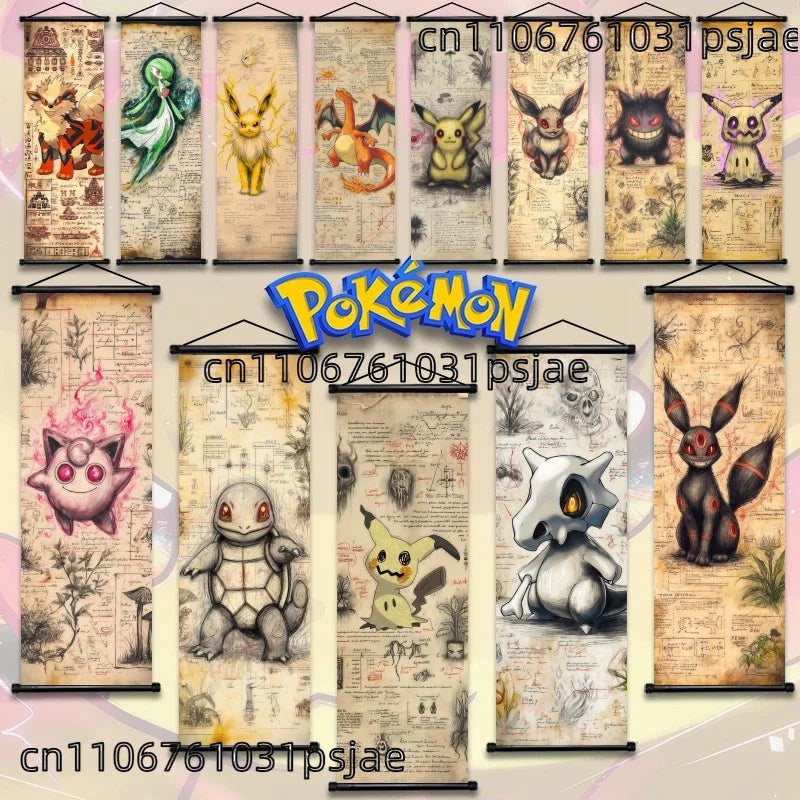 Pokemon Retro Charizard Bulbasaur Umbreon Gengar Scroll Art Cloth Anime Characters Wall Hanging Poster Halloween Xmas Decor