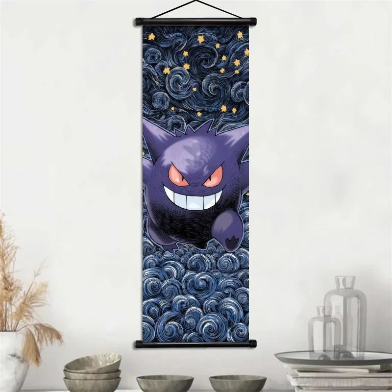 Pokemon Gengar Scroll Art Cloth Anime Characters Wall Hanging Poster Halloween Xmas Decor Fans Collection Home Gifts
