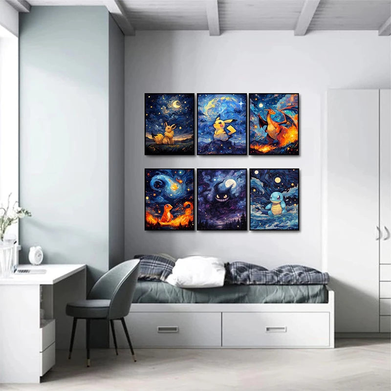 Pokemon Anime Canvas PaintingCharizard Pikachu Gengar Eevee Squirtle Poster Print Mural Picture Wall Art Home Decor Gift Cuadros