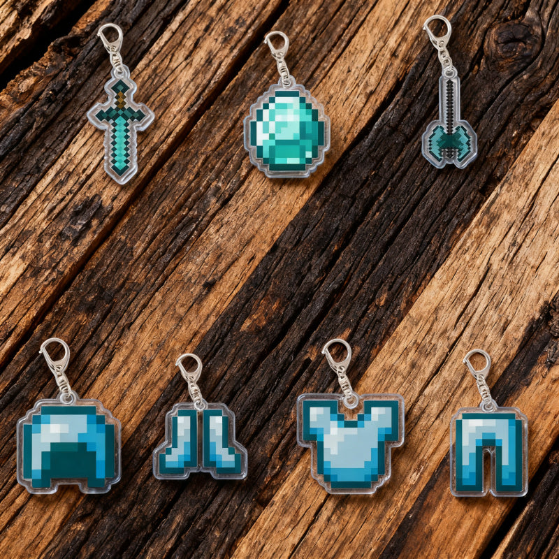 7pcs block-based game Diamond Armor Set - Complete Collectible Acrylic Keychain & Accessory Kit with Diamond Sword, Pickaxe, Bow, Chest Plate, Helmet, Pants & Boots Charms - Durable PP for,, Gamers (/Holiday Gift