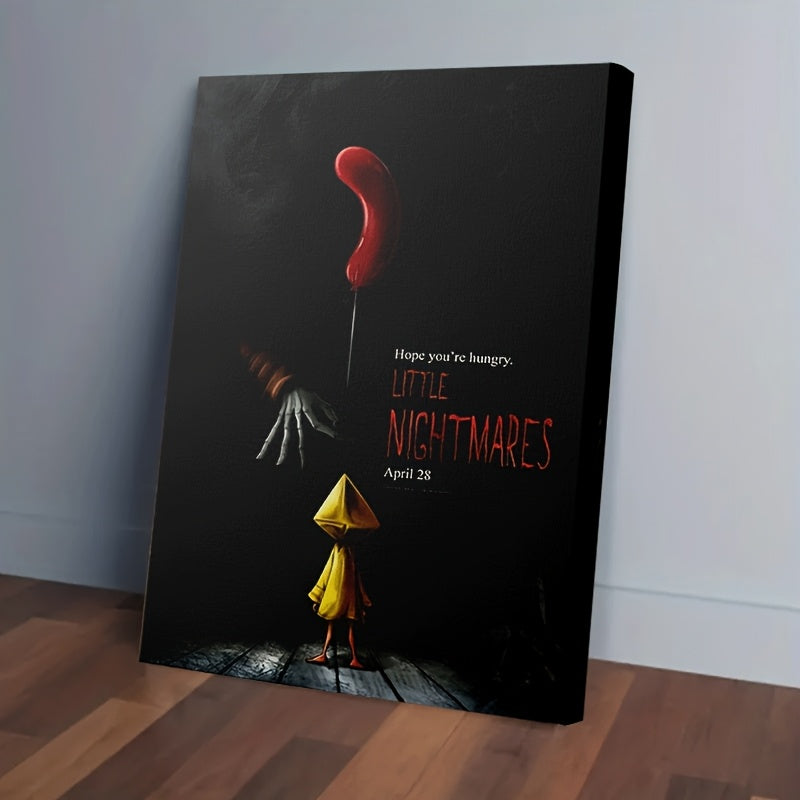 [2D Flat] 1pc Framed Canvas Painting - Little Nightmares Six Horror Game Art Poster - 11.8x15.7 Inch (30x40cm) - Gothic Red Balloon & Yellow Raincoat - Wrapped Canvas Frame - Ready-to-Hang Wall Decor for Bedroom, Living Room,