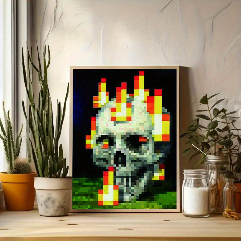 Pixelated Flame Skull Canvas Art Print - Frameless, Vibrant 8-bit Style Wall Decor for Home Office, Contemporary & Urban Themed, Vertical & Horizontal Hanging, Perfect for Modern Spaces, Skull Home Decor