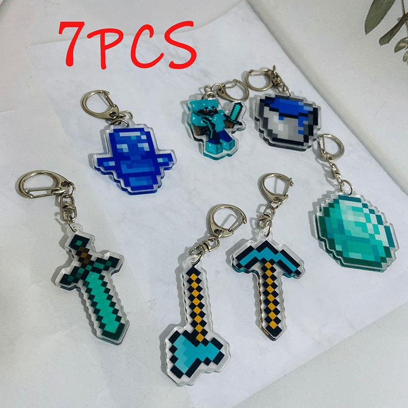 7pcs block-based game Diamond Armor Set - Complete Collectible Acrylic Keychain & Accessory Kit with Diamond Sword, Pickaxe, Bow, Chest Plate, Helmet, Pants & Boots Charms - Durable PP for,, Gamers (/Holiday Gift