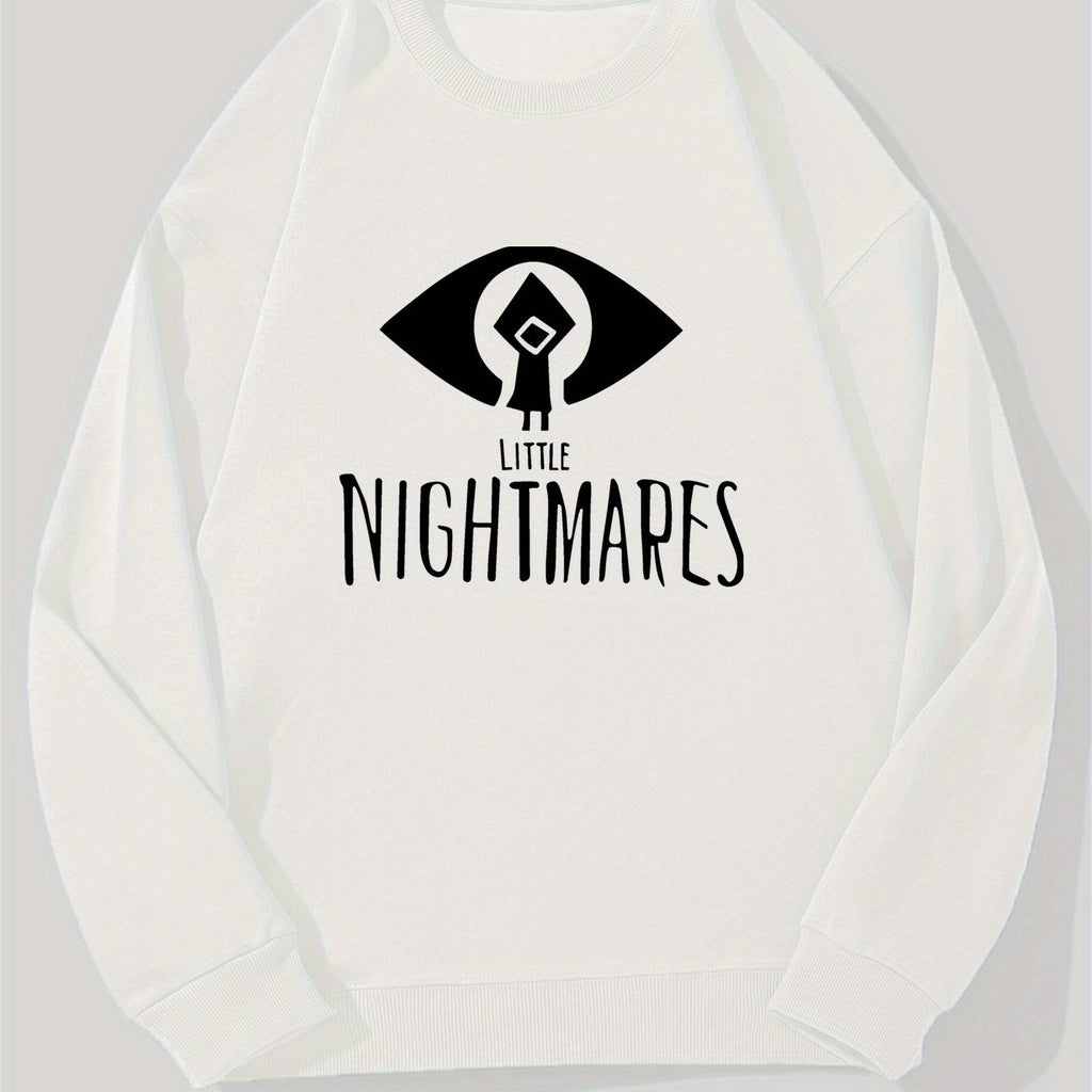 Men's Little Nightmares Logo Sweatshirt - Iconic Game Character Face & Text Design, Navy Blue Relaxed Fit Pullover, Casual Sweater for Fans, Machine Washable (Officially Inspired pparel), Scary Mens Sweater, Horror Sweat Shir
