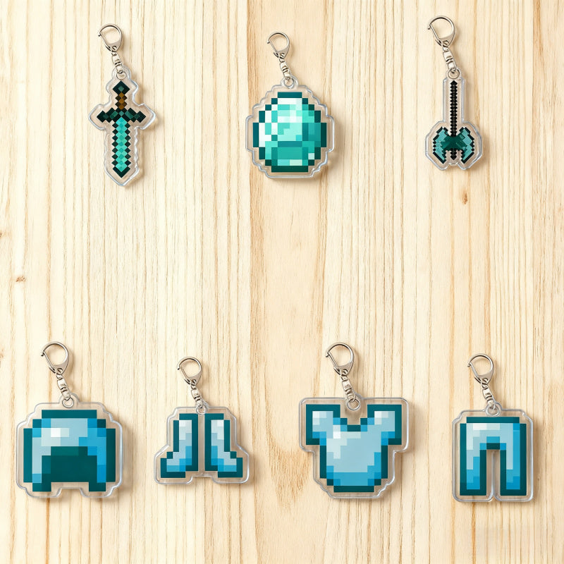 7pcs block-based game Diamond Armor Set - Complete Collectible Acrylic Keychain & Accessory Kit with Diamond Sword, Pickaxe, Bow, Chest Plate, Helmet, Pants & Boots Charms - Durable PP for,, Gamers (/Holiday Gift