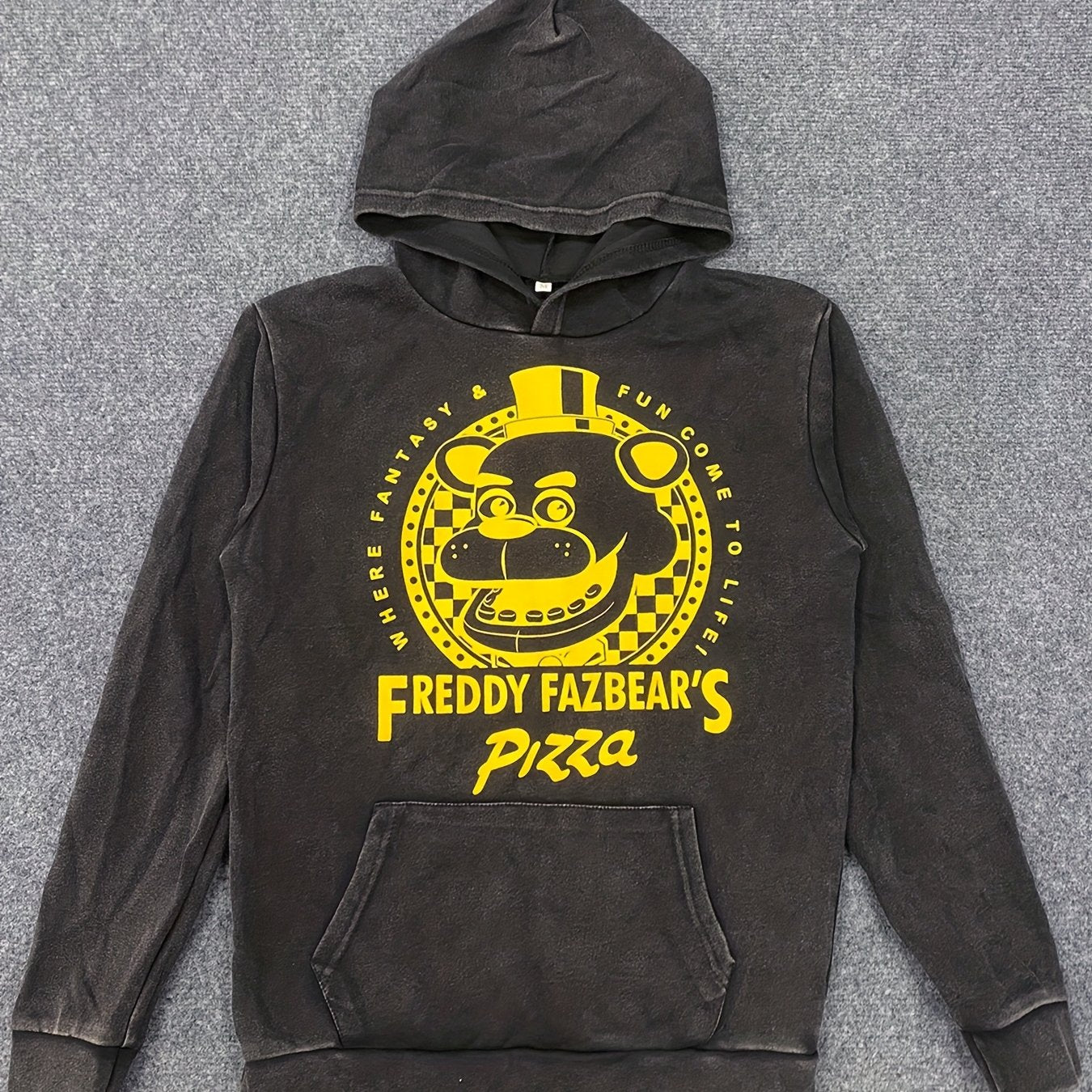 Vintage Freddy Fazbear'S Pizza Graphic Hoodie - Cozy Oversized Long Sleeve Hooded Sweatshirt, Gray Distressed Streetwear with Yellow Pizza Print, Perfect for Fall & Winter, Women'S Casual Streetwear|Casual Streetwear|Washed D