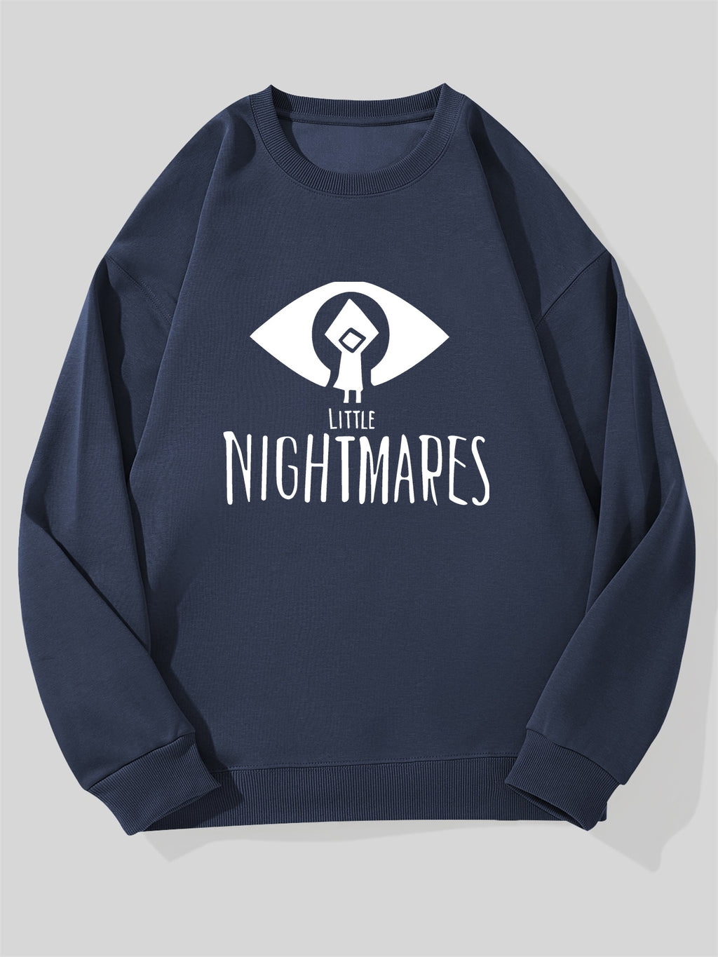 Men's Little Nightmares Logo Sweatshirt - Iconic Game Character Face & Text Design, Navy Blue Relaxed Fit Pullover, Casual Sweater for Fans, Machine Washable (Officially Inspired pparel), Scary Mens Sweater, Horror Sweat Shir