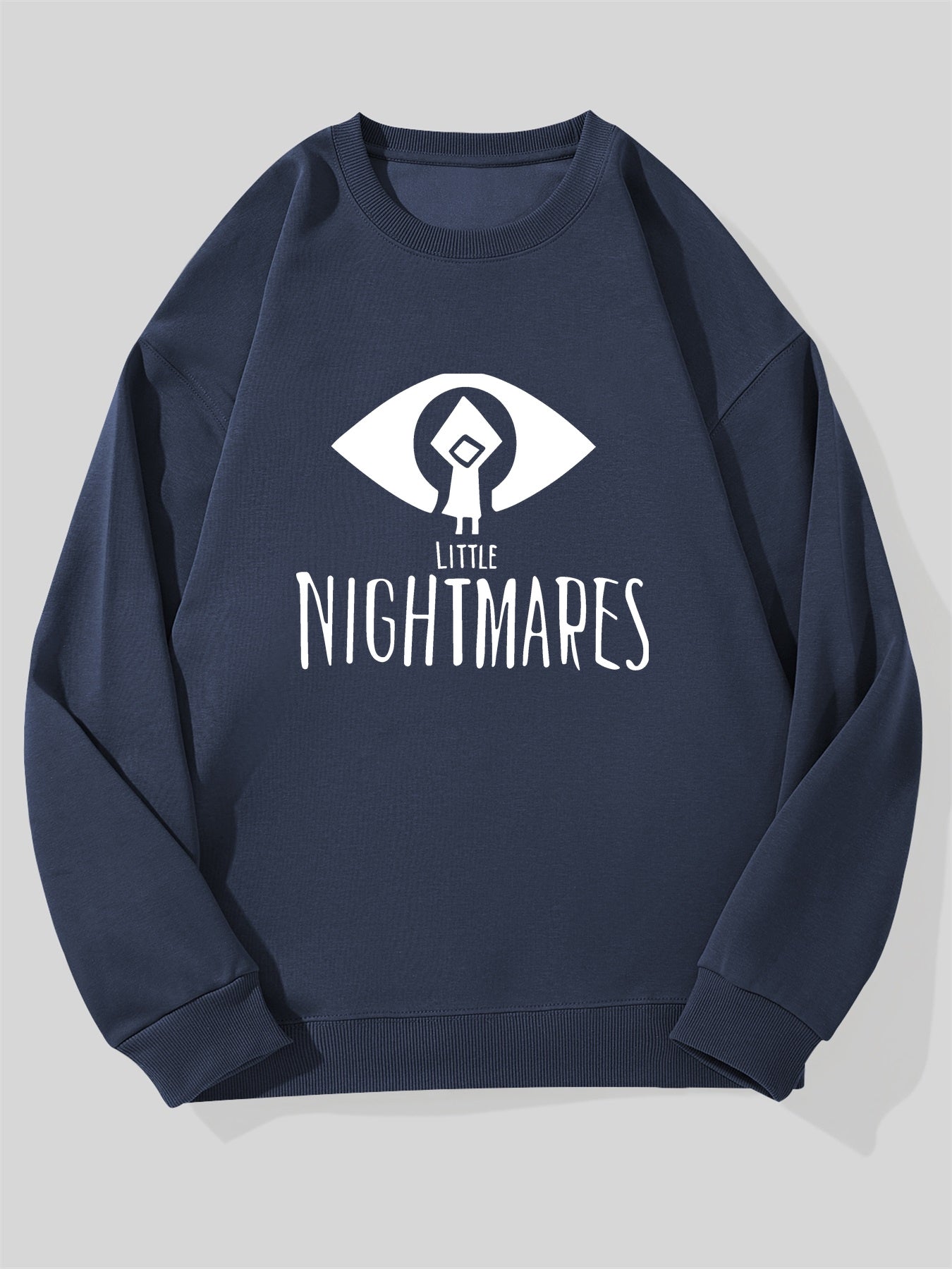 Men's Little Nightmares Logo Sweatshirt - Iconic Game Character Face & Text Design, Navy Blue Relaxed Fit Pullover, Casual Sweater for Fans, Machine Washable (Officially Inspired pparel), Scary Mens Sweater, Horror Sweat Shir