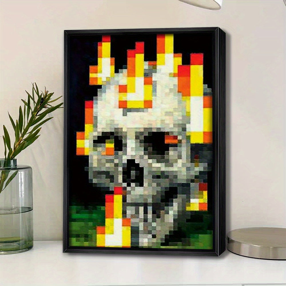 1pc Framed Canvas Poster - Retro 8-Bit Arcade Pixel Skull Flames Art, Bold Color Block High-Contrast Wall Decor for Gamers & Pop Culture Fans, Edgy Modern Artwork for Living Room, Office, Cafe, Gamer Room Accent, Vibrant Artw