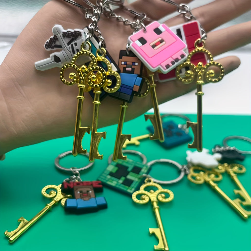 10pcs MINECRAFT Keychains with Openers - Official Minecraft-Themed Keys with Creeper, Sheep, Diamonds, TNT, Golden Tools - Durable PVC & Stainless Steel - Birthday, Christmas, Halloween, Holiday Gifts, Pixel Art Design, Decor