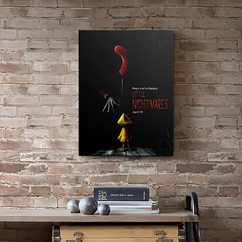 [2D Flat] 1pc Framed Canvas Painting - Little Nightmares Six Horror Game Art Poster - 11.8x15.7 Inch (30x40cm) - Gothic Red Balloon & Yellow Raincoat - Wrapped Canvas Frame - Ready-to-Hang Wall Decor for Bedroom, Living Room,