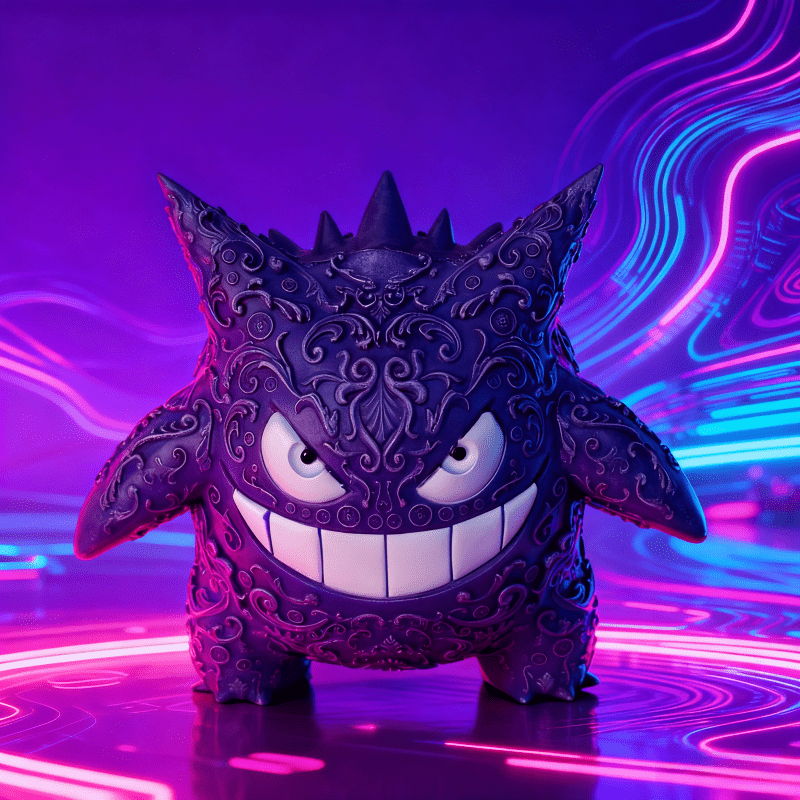 تمثال بيولوجي أرجواني اللون، مغطى بأنماط دقيقة في جميع أنحاء الجسم، مع نسيج معقد وفني، وأسنان بيضاء مبالغ فيها وتفاصيل عين حية تجعل النموذج مليئًا بالتوتر، والأشواك الحادة على الظهر