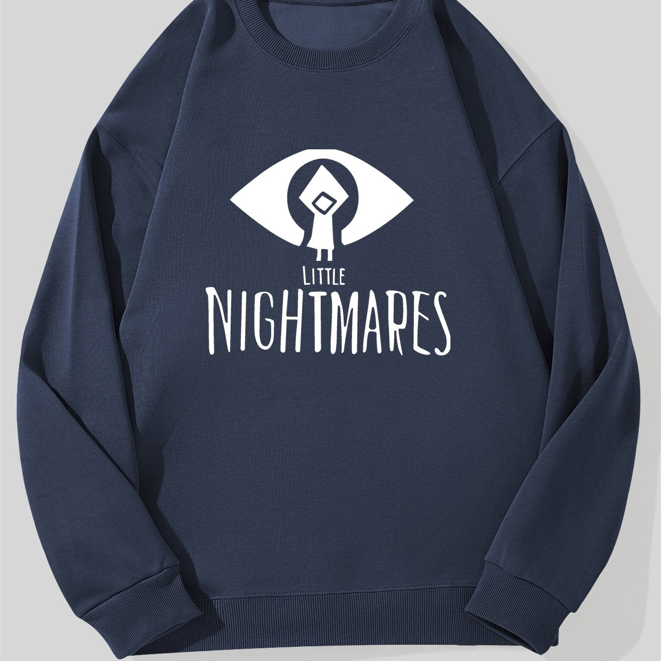 Men's Little Nightmares Logo Sweatshirt - Iconic Game Character Face & Text Design, Navy Blue Relaxed Fit Pullover, Casual Sweater for Fans, Machine Washable (Officially Inspired pparel), Scary Mens Sweater, Horror Sweat Shir