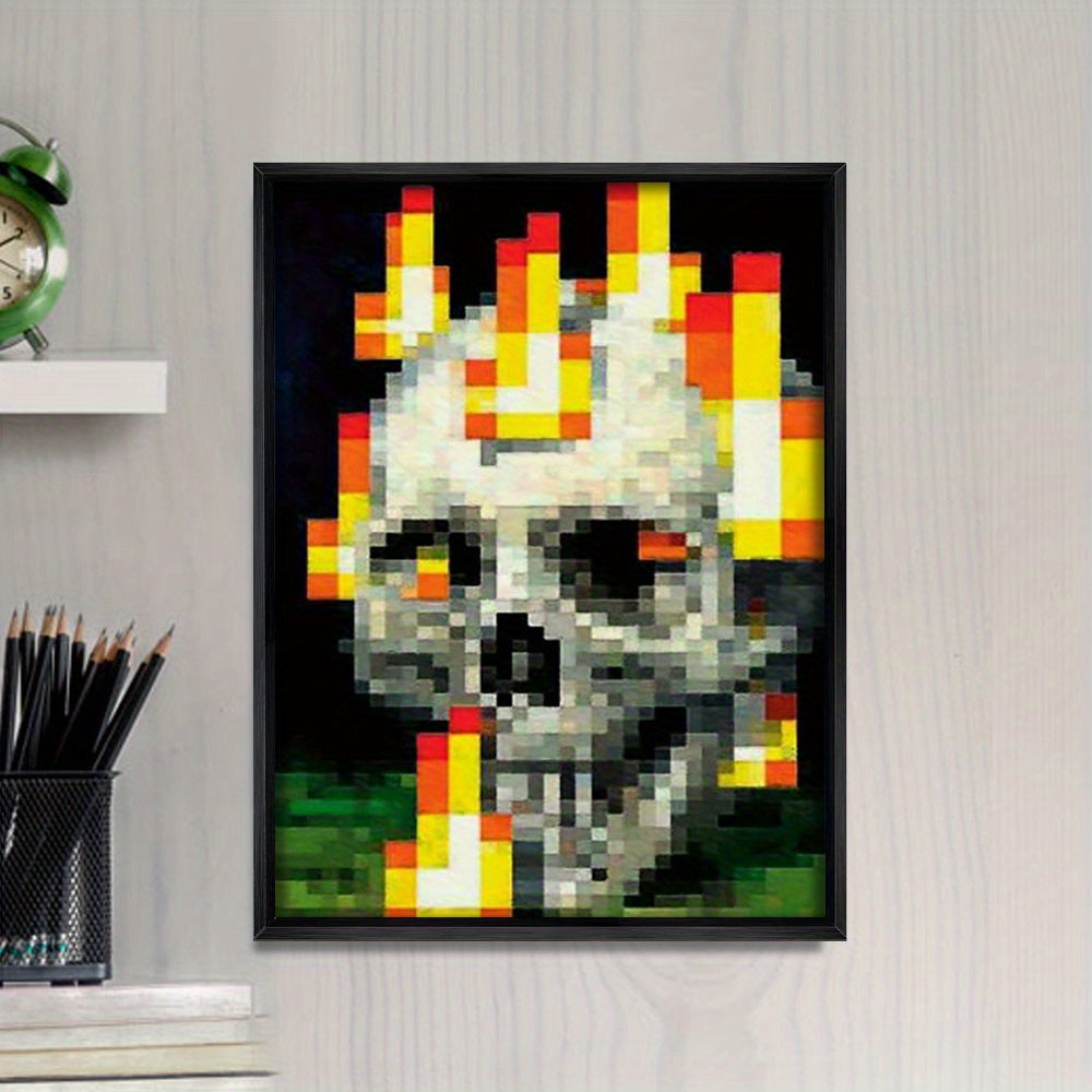 1pc Framed Canvas Poster - Retro 8-Bit Arcade Pixel Skull Flames Art, Bold Color Block High-Contrast Wall Decor for Gamers & Pop Culture Fans, Edgy Modern Artwork for Living Room, Office, Cafe, Gamer Room Accent, Vibrant Artw
