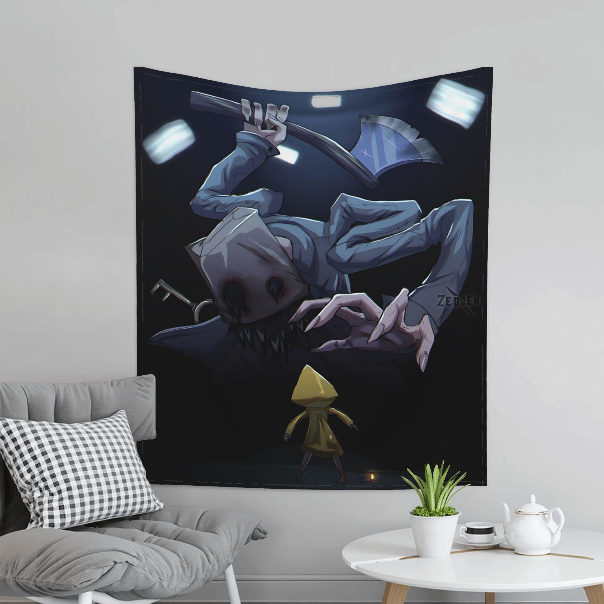 Little Nightmares II Vertical Tapestry - Gothic Horror Wall Hanging Decor with Little Nightmares Characters, Soft Peach Light Fabric Poster for Bedroom