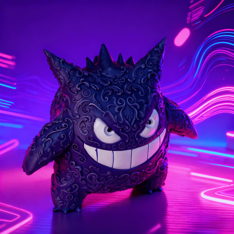 تمثال بيولوجي أرجواني اللون، مغطى بأنماط دقيقة في جميع أنحاء الجسم، مع نسيج معقد وفني، وأسنان بيضاء مبالغ فيها وتفاصيل عين حية تجعل النموذج مليئًا بالتوتر، والأشواك الحادة على الظهر