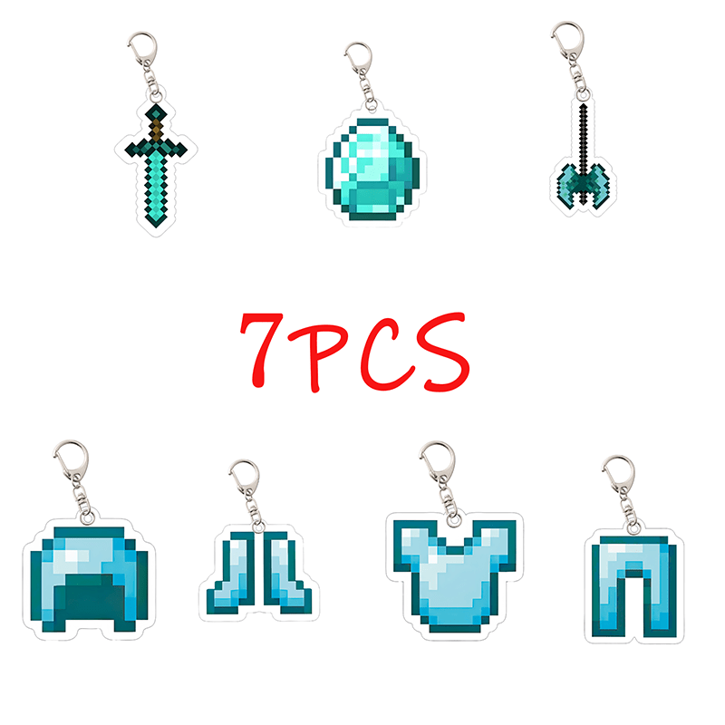 7pcs block-based game Diamond Armor Set - Complete Collectible Acrylic Keychain & Accessory Kit with Diamond Sword, Pickaxe, Bow, Chest Plate, Helmet, Pants & Boots Charms - Durable PP for,, Gamers (/Holiday Gift