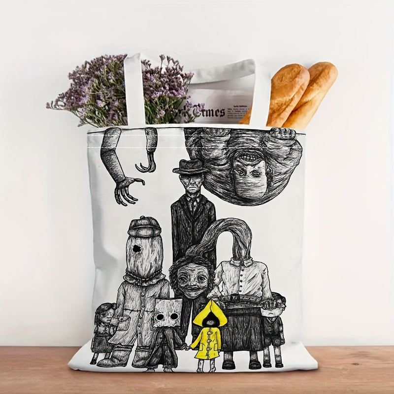 1pc Little Nightmares Complete Edition Tote Bag - Official Horror Movie Design with Characters, Large 14x16in/35x40cm Reusable Shopping Bag, Durable Polyester Shoulder Bag for Travel, Beach, School, Everyday Use - Perfect Gif