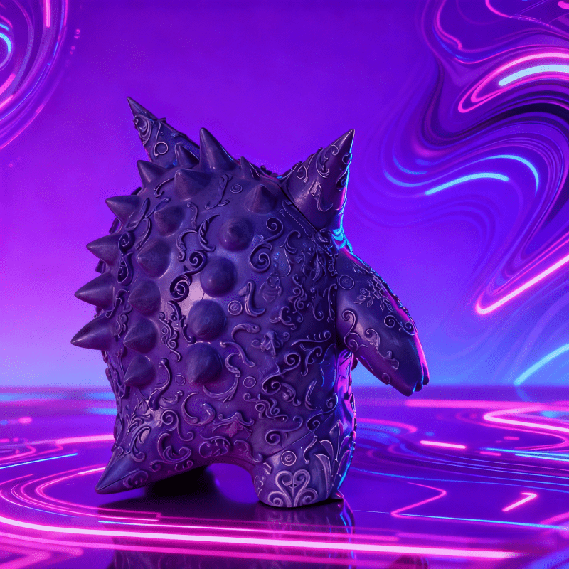 تمثال بيولوجي أرجواني اللون، مغطى بأنماط دقيقة في جميع أنحاء الجسم، مع نسيج معقد وفني، وأسنان بيضاء مبالغ فيها وتفاصيل عين حية تجعل النموذج مليئًا بالتوتر، والأشواك الحادة على الظهر