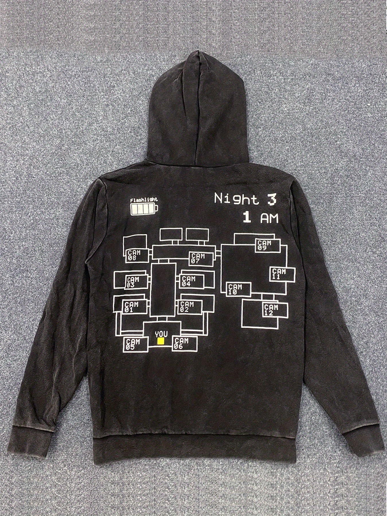 Vintage Freddy Fazbear'S Pizza Graphic Hoodie - Cozy Oversized Long Sleeve Hooded Sweatshirt, Gray Distressed Streetwear with Yellow Pizza Print, Perfect for Fall & Winter, Women'S Casual Streetwear|Casual Streetwear|Washed D