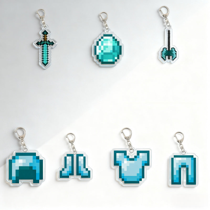 7pcs block-based game Diamond Armor Set - Complete Collectible Acrylic Keychain & Accessory Kit with Diamond Sword, Pickaxe, Bow, Chest Plate, Helmet, Pants & Boots Charms - Durable PP for,, Gamers (/Holiday Gift