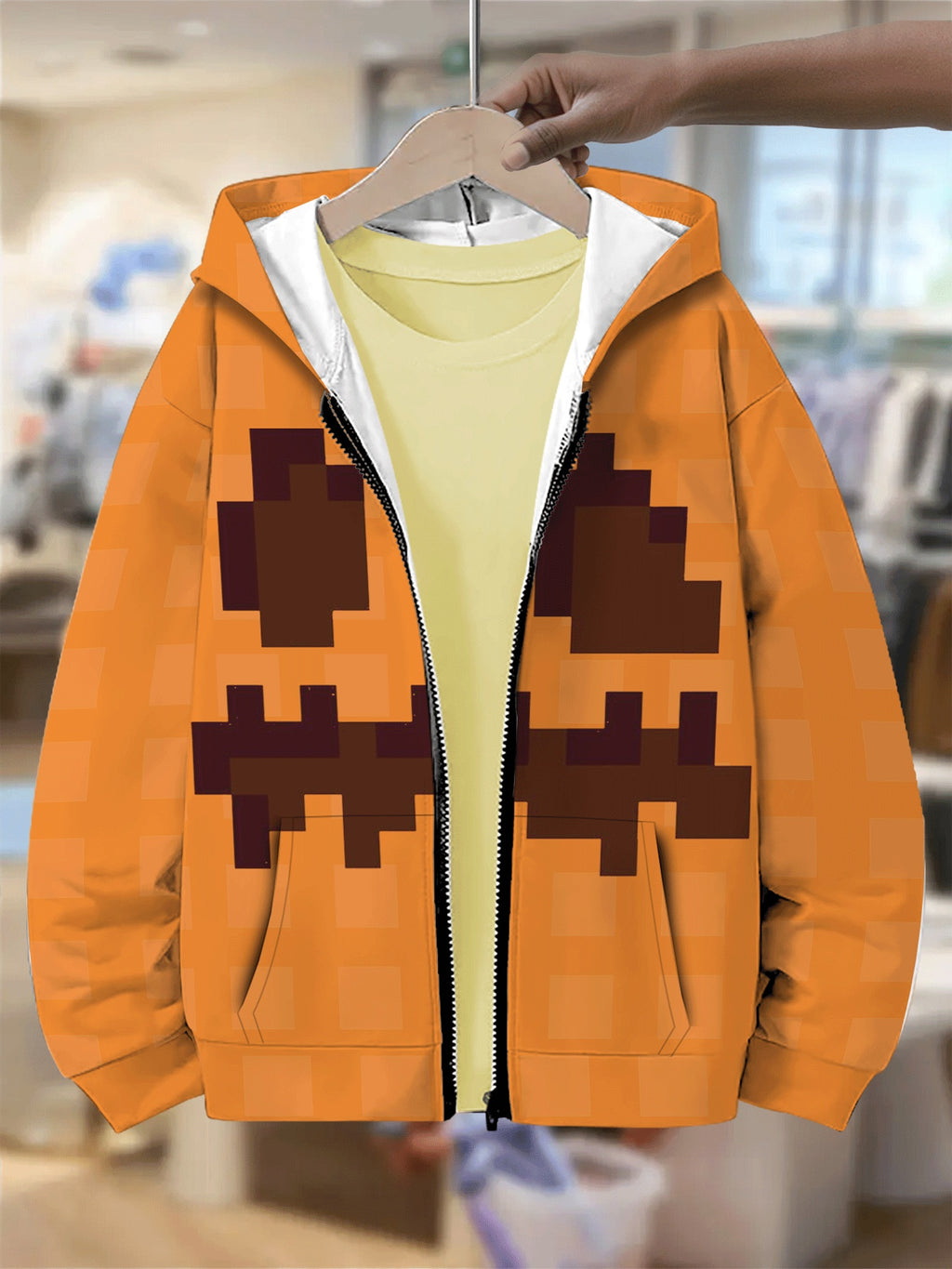 Boys' Halloween Pixel Pumpkin Hooded Zip-Up Sweatshirt - Cozy Orange Jacket with Black Zigzag Design, Casual Long Sleeve Outerwear for Fall/Winter, Perfect for Outdoor Play & Daily Wear, Halloween, Playful Design, Comfortable