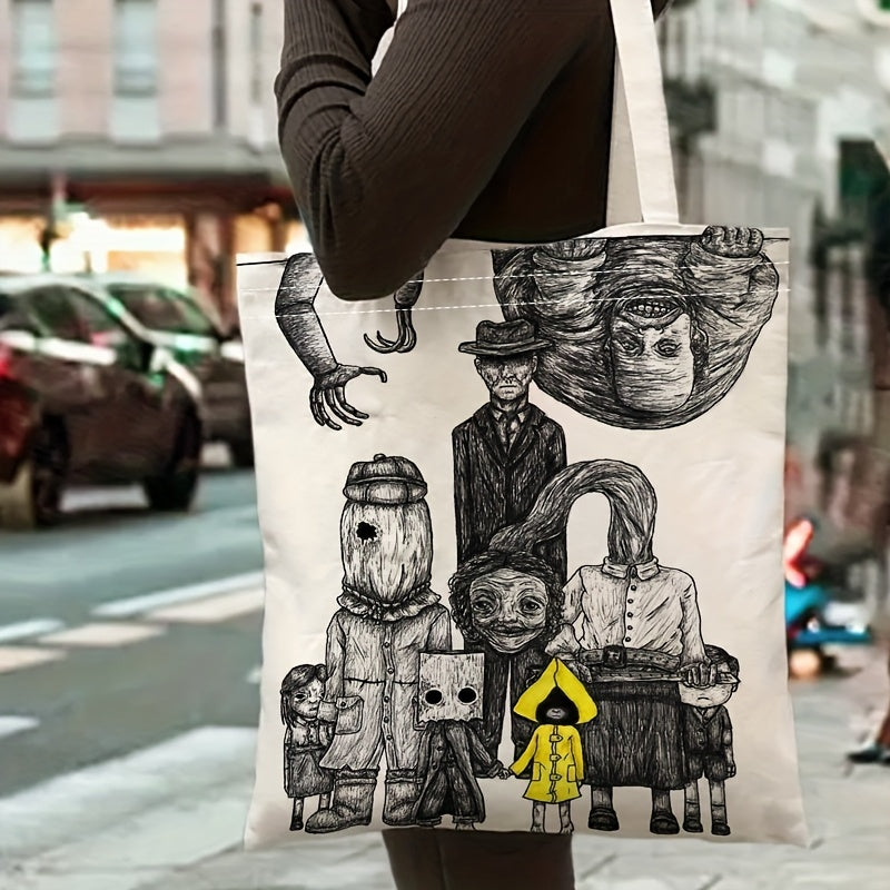 1pc Little Nightmares Complete Edition Tote Bag - Official Horror Movie Design with Characters, Large 14x16in/35x40cm Reusable Shopping Bag, Durable Polyester Shoulder Bag for Travel, Beach, School, Everyday Use - Perfect Gif