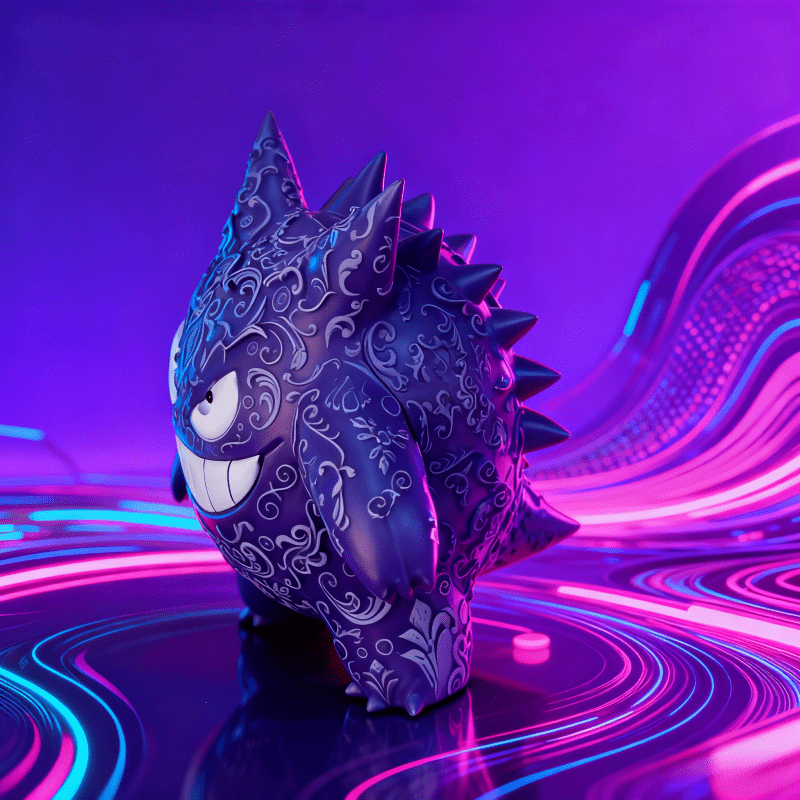 تمثال بيولوجي أرجواني اللون، مغطى بأنماط دقيقة في جميع أنحاء الجسم، مع نسيج معقد وفني، وأسنان بيضاء مبالغ فيها وتفاصيل عين حية تجعل النموذج مليئًا بالتوتر، والأشواك الحادة على الظهر