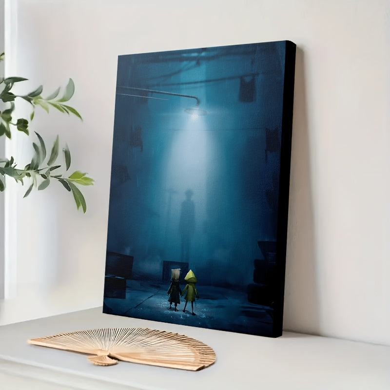 1pc Little Nightmares Six & Mono Rainy Night Scene Framed Canvas Wall Art - 29.97x39.88cm (11.8"x15.7") Recycled Wood Frame, Ready-to-Hang Video Game Inspired Painting for Living Room, Bedroom, Dorm, Office, Playroom Decor -