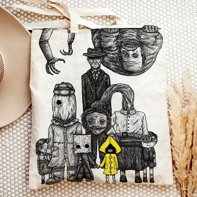 1pc Little Nightmares Complete Edition Tote Bag - Official Horror Movie Design with Characters, Large 14x16in/35x40cm Reusable Shopping Bag, Durable Polyester Shoulder Bag for Travel, Beach, School, Everyday Use - Perfect Gif