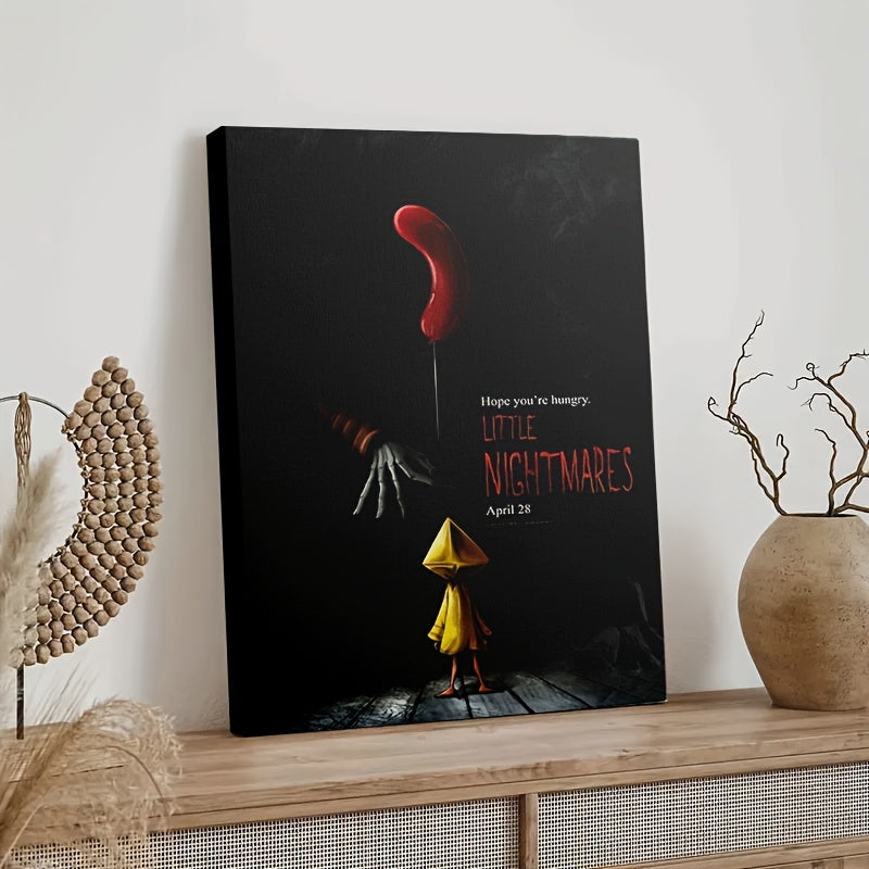 [2D Flat] 1pc Framed Canvas Painting - Little Nightmares Six Horror Game Art Poster - 11.8x15.7 Inch (30x40cm) - Gothic Red Balloon & Yellow Raincoat - Wrapped Canvas Frame - Ready-to-Hang Wall Decor for Bedroom, Living Room,