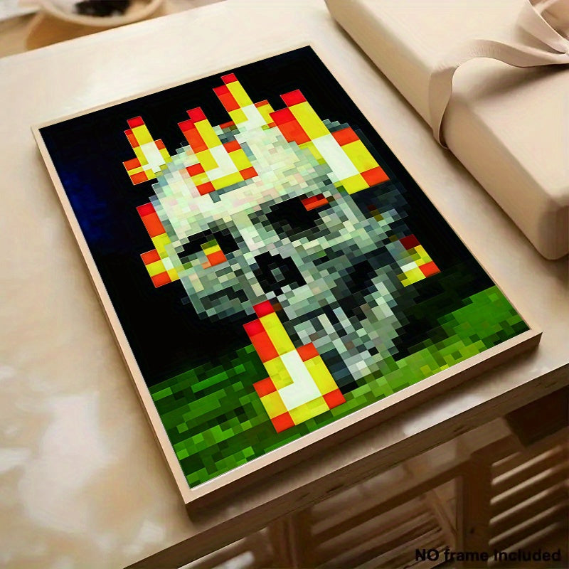 Pixelated Flame Skull Canvas Art Print - Frameless, Vibrant 8-bit Style Wall Decor for Home Office, Contemporary & Urban Themed, Vertical & Horizontal Hanging, Perfect for Modern Spaces, Skull Home Decor
